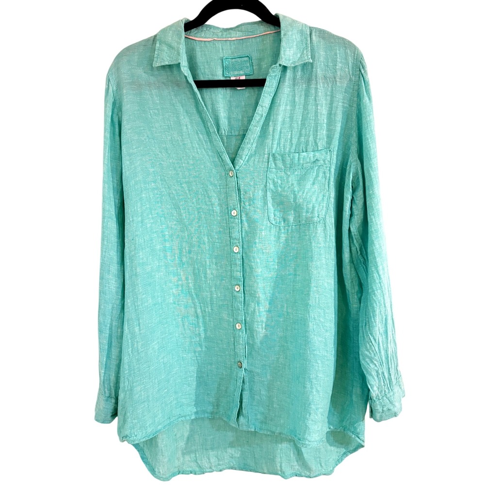 Sigrid Olsen Women L Aqua Turquoise 100% Linen Button Down Shirt Long Sleeve Top